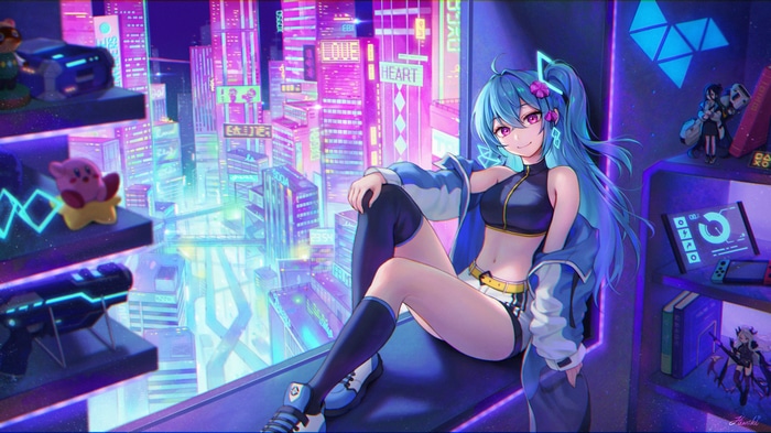 Cyberpunk girl with blue hair in a neon cityscape