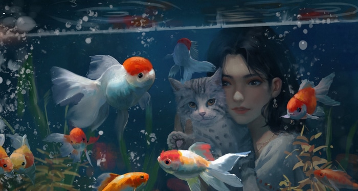 Girl with cat and goldfish in an aquarium