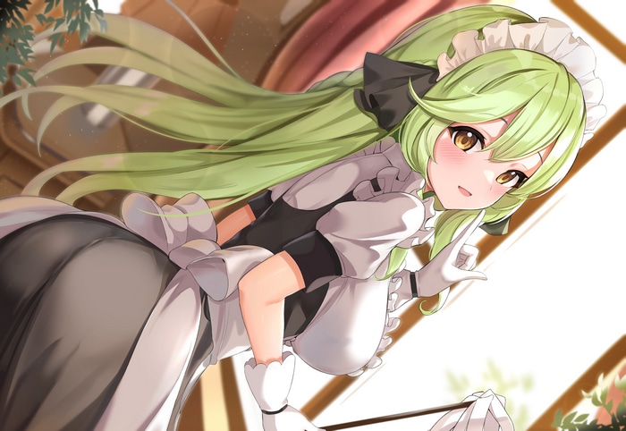 Maid outfit anime girl with green hair
