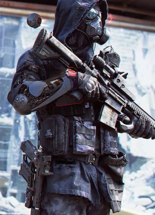 Soldier with HK 417 rifle and drone
