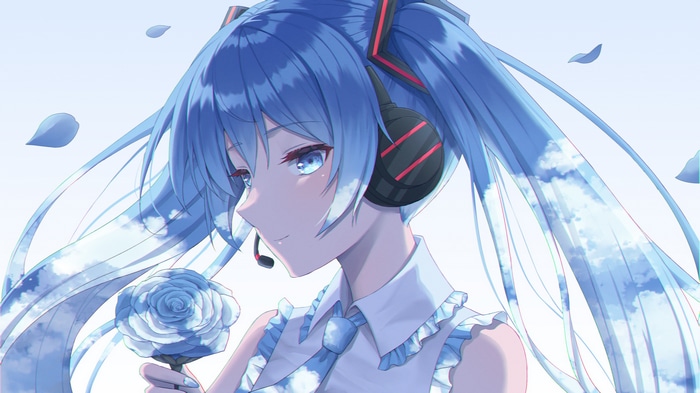 Hatsune Miku holding a blue rose