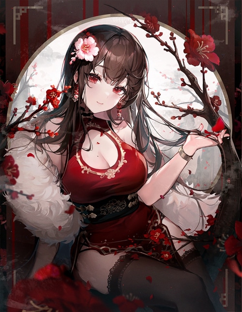Brunette woman in a red Chinese dress with red eyes