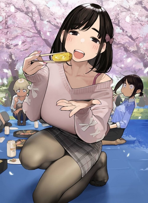 Douki-chan and friends enjoying a picnic under cherry blossoms