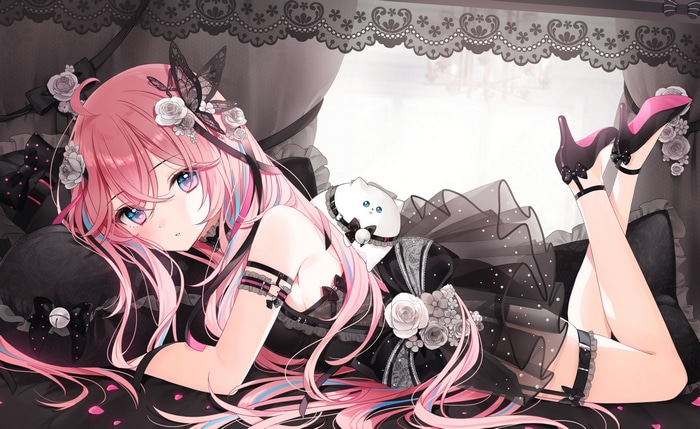 Atsumaru girl in a black dress with pink hair