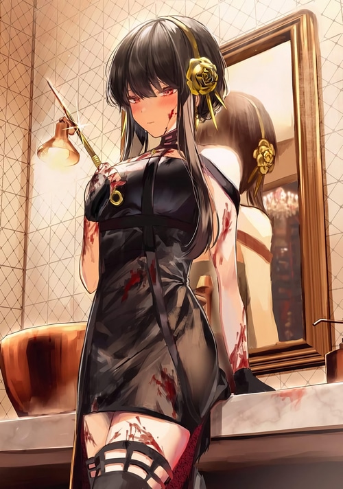 Yor Forger covered in blood holding a weapon