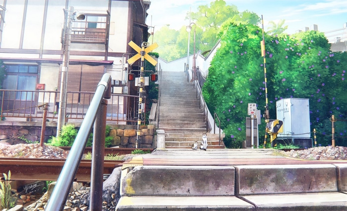 Anime artwork of a street with stairs and a railroad crossing