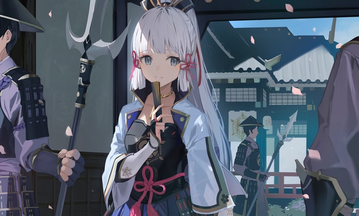 Kamisato Ayaka and guards in traditional Japanese setting