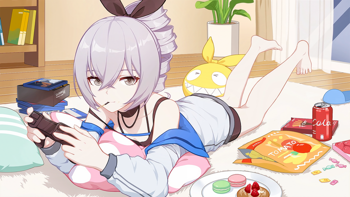 Bronya Zaychik playing video games with snacks