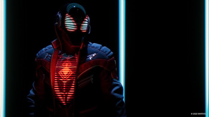 Spider-Man in a futuristic suit with glowing red spider emblem