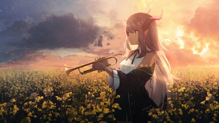 Sagiri with a trumpet in a field at sunset