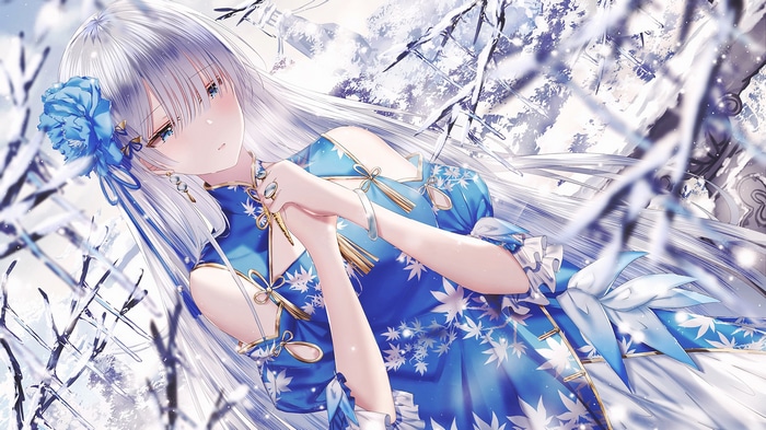 Anastasia in a blue dress in a snowy forest