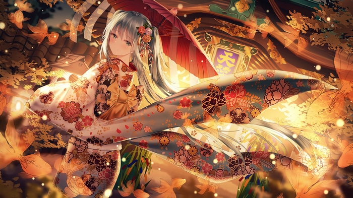 Hatsune Miku in Japanese Clothes with Umbrella and Goldfish