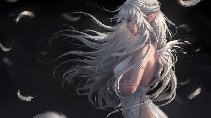 Elf with white hair and feathers