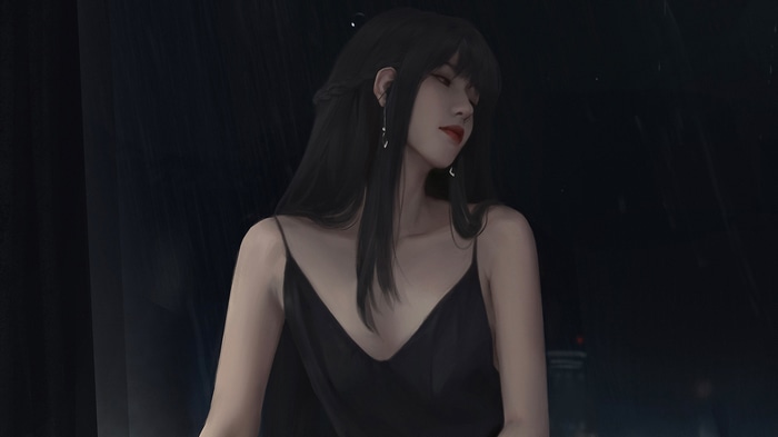 Anime girl with black hair in a black dress