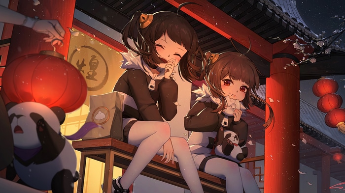 Anime girls and pandas in traditional setting