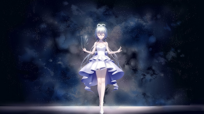 Girl in white dress holding a fan against starry background