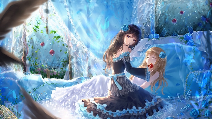 Anime girls in blue and black dresses with apples