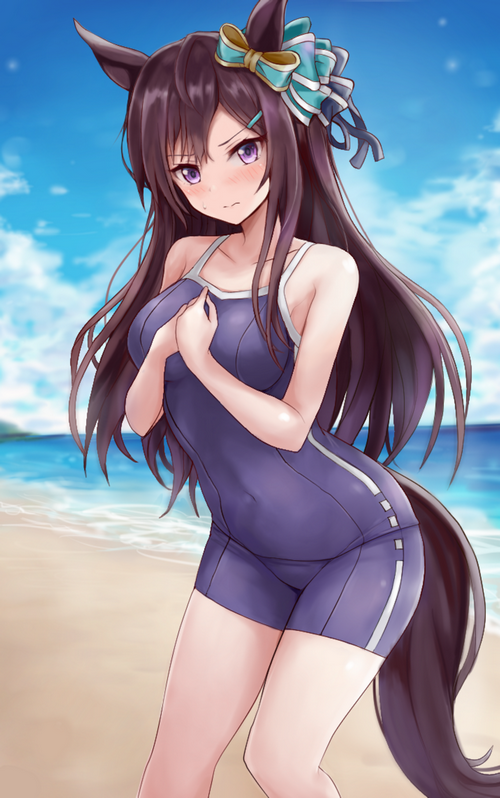 Mejiro Dober in a swimsuit at the beach
