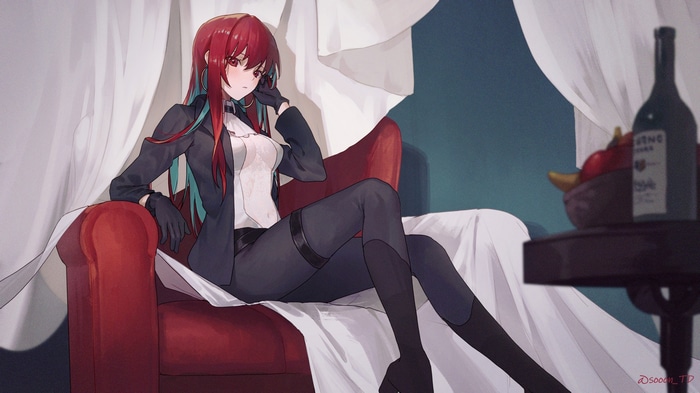 Anime girl with red and teal hair on a couch