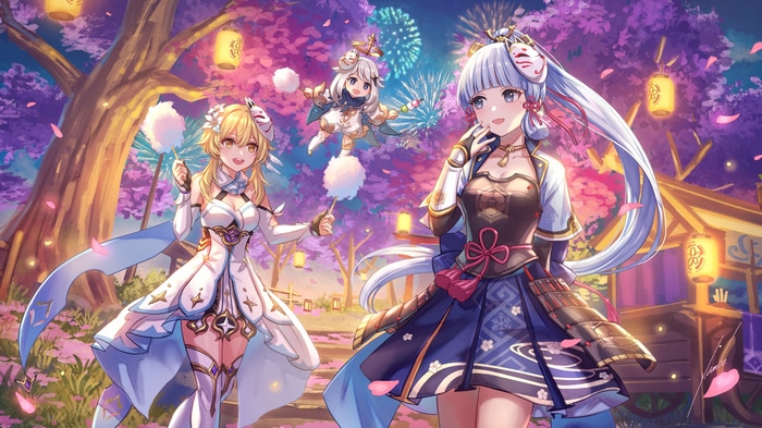Genshin Impact characters at a festival with fireworks