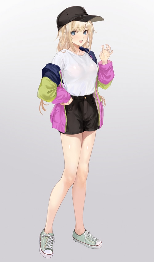 Tsukimi Eiko from Paripi Koumei wearing a hat and shorts