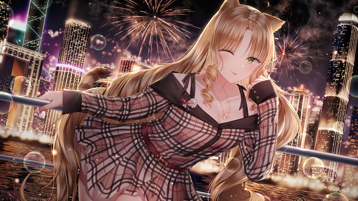 Swire from Arknights with fireworks and city background