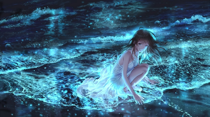 Midori Foo in a white dress on a beach at night