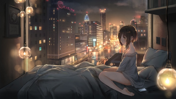 Anime girl in bed overlooking city lights