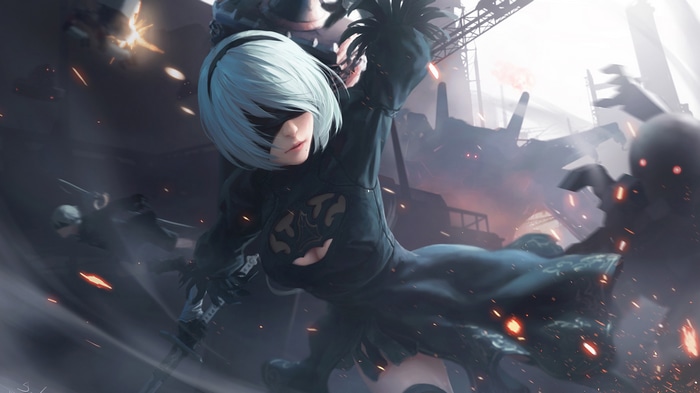 2B in Nier: Automata fighting amidst ruins