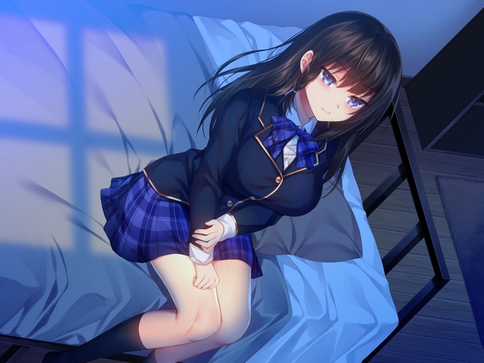 Anime schoolgirl with dark hair and blue eyes on a bed