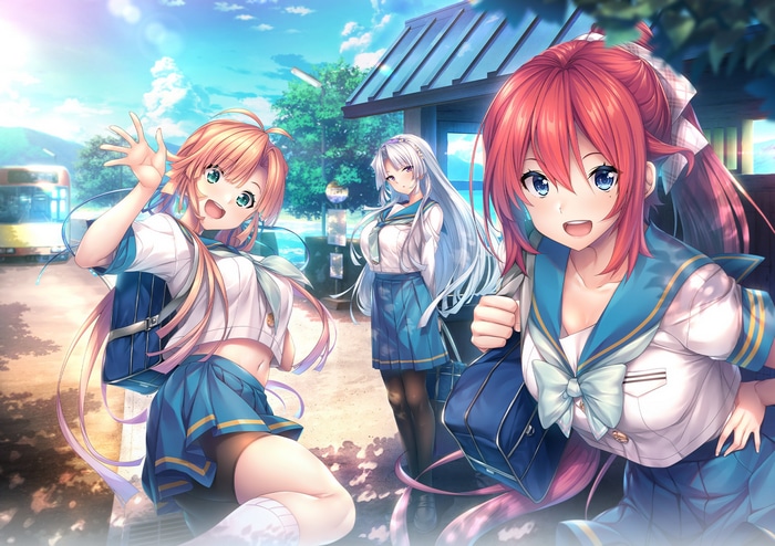 Three schoolgirls in uniform at a bus stop