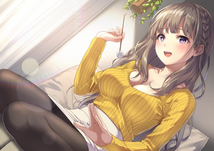 Brunette girl with purple eyes in yellow sweater