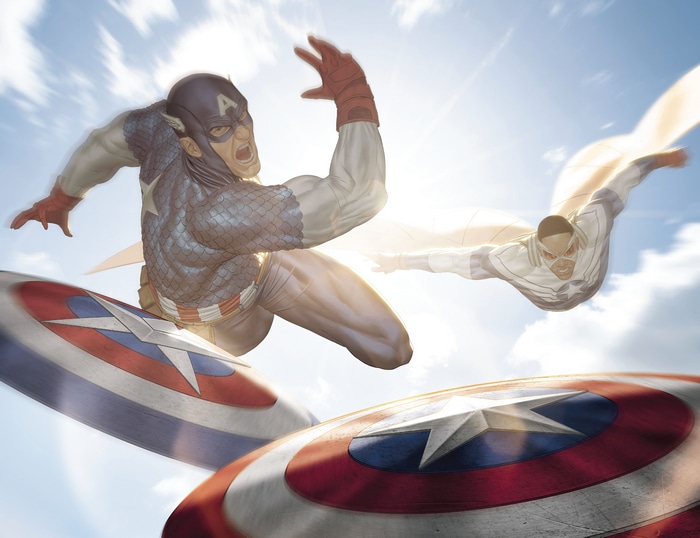 Captain America and Falcon in the Sky