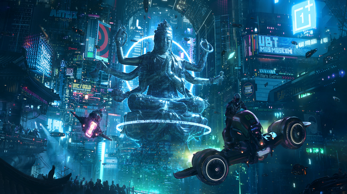 Cyberpunk city with a large Buddha statue and flying vehicles