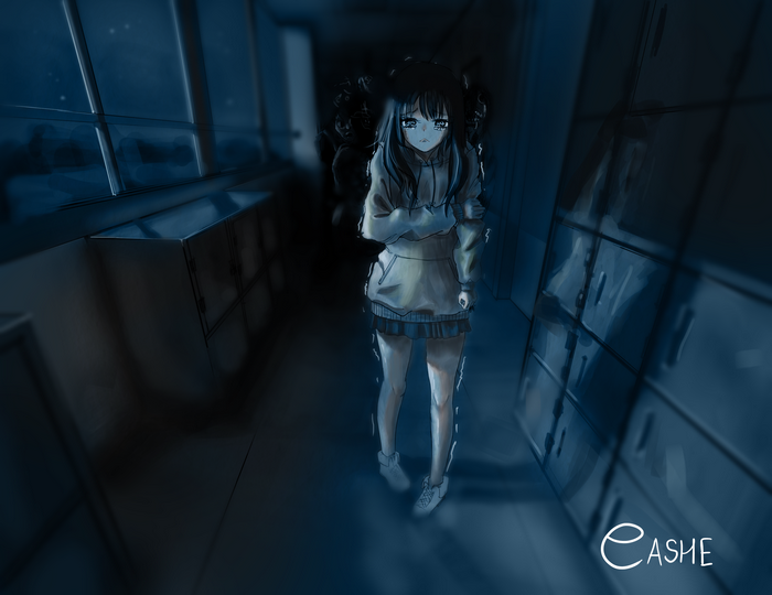 Terrified anime girl in a dark hallway
