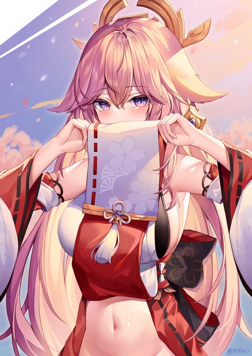 Yae Miko lifting shirt in Genshin Impact