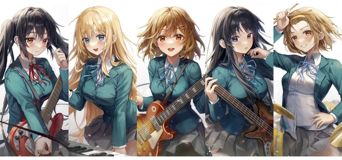 K-ON! girls in school uniforms with instruments
