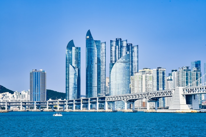 Busan skyscrapers and bridge over the sea, South Korea
