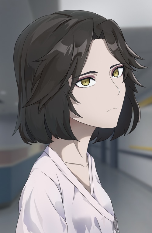 Anime girl with short dark hair and yellow eyes