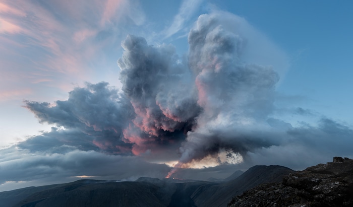 Volcanic eruption with smoke clouds over Fagradalsfjall, Iceland
