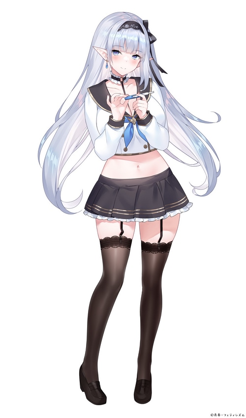 Elf girl in school uniform holding a thermometer