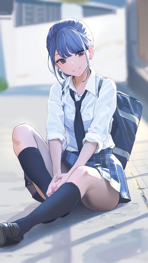 Anime girl with blue hair in school uniform sitting