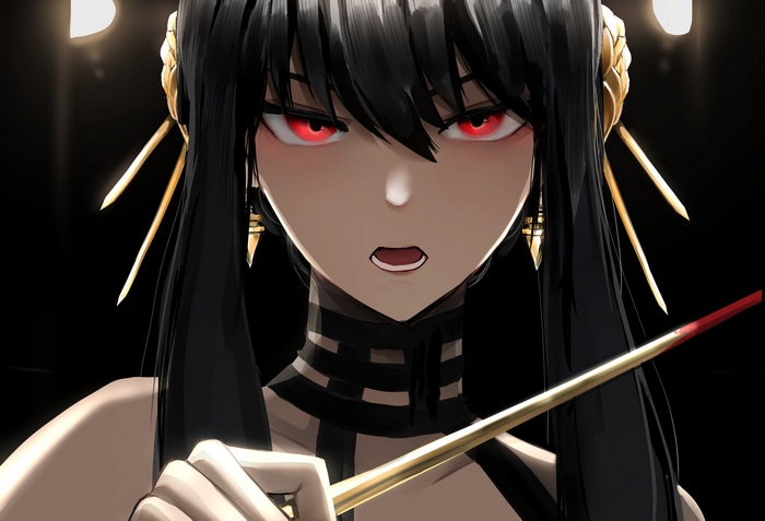 Yor Forger with red eyes holding a golden rod