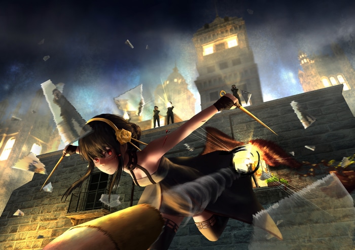 Yor Forger in action with weapons in a city