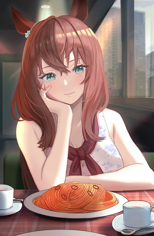 Maruzensky from Uma Musume Pretty Derby eating spaghetti