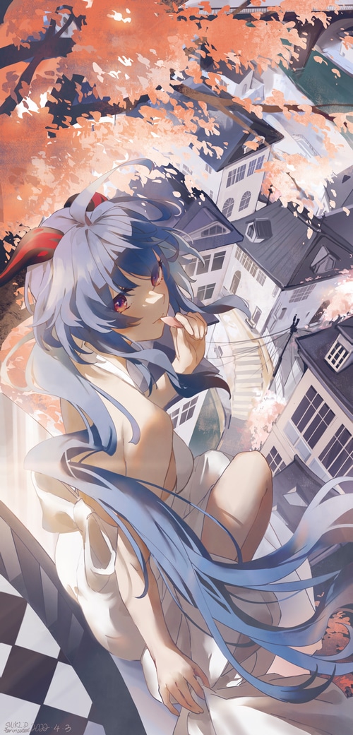 Ganyu from Genshin Impact with blue hair and horns