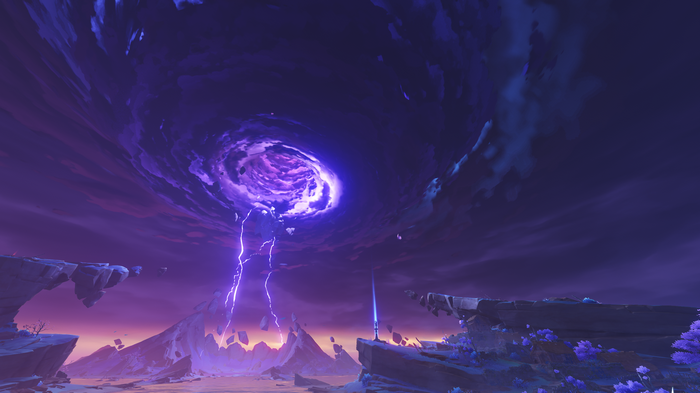 Genshin Impact: A purple vortex with lightning in the sky