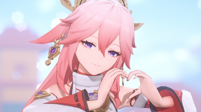 Yae Miko from Genshin Impact making a heart shape