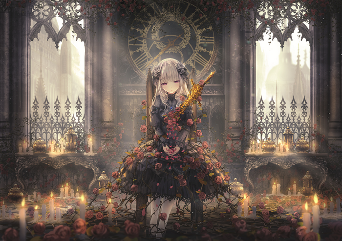 Gothic Lolita girl with sword in a rose-covered church