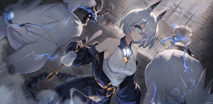 Girl with horns and tail fighting monsters